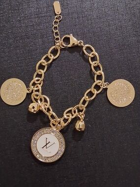 Gold Charm Bracelet with White Crystal Logo Disc